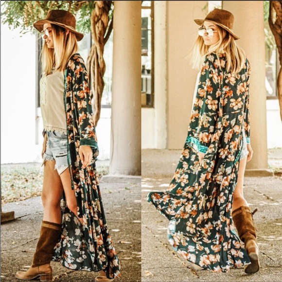 TEAL FLORAL BOHEMIAN OPEN FRONT MAXI LENGTH KIMONO - Picture 6 of 8